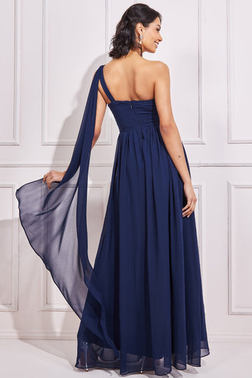 One Shoulder Pleated Chiffon Scarf Maxi Dress Goddiva